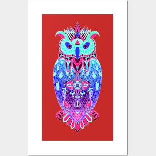 blue east owl in neon lights ecopop pattern Posters and Art